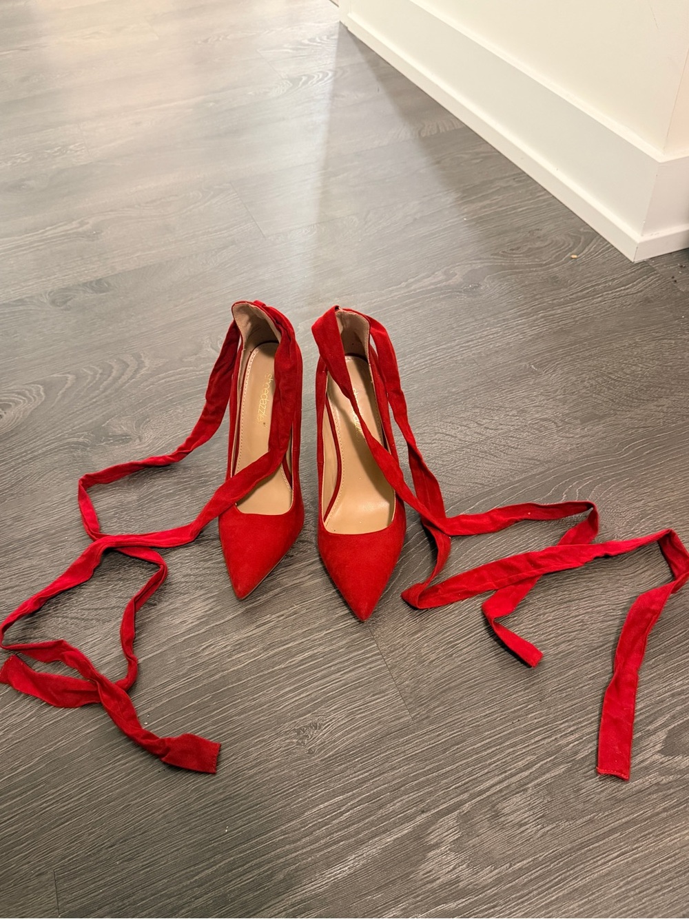 Shoedazzle Red Suede Lace Up Stilettos - Size 8